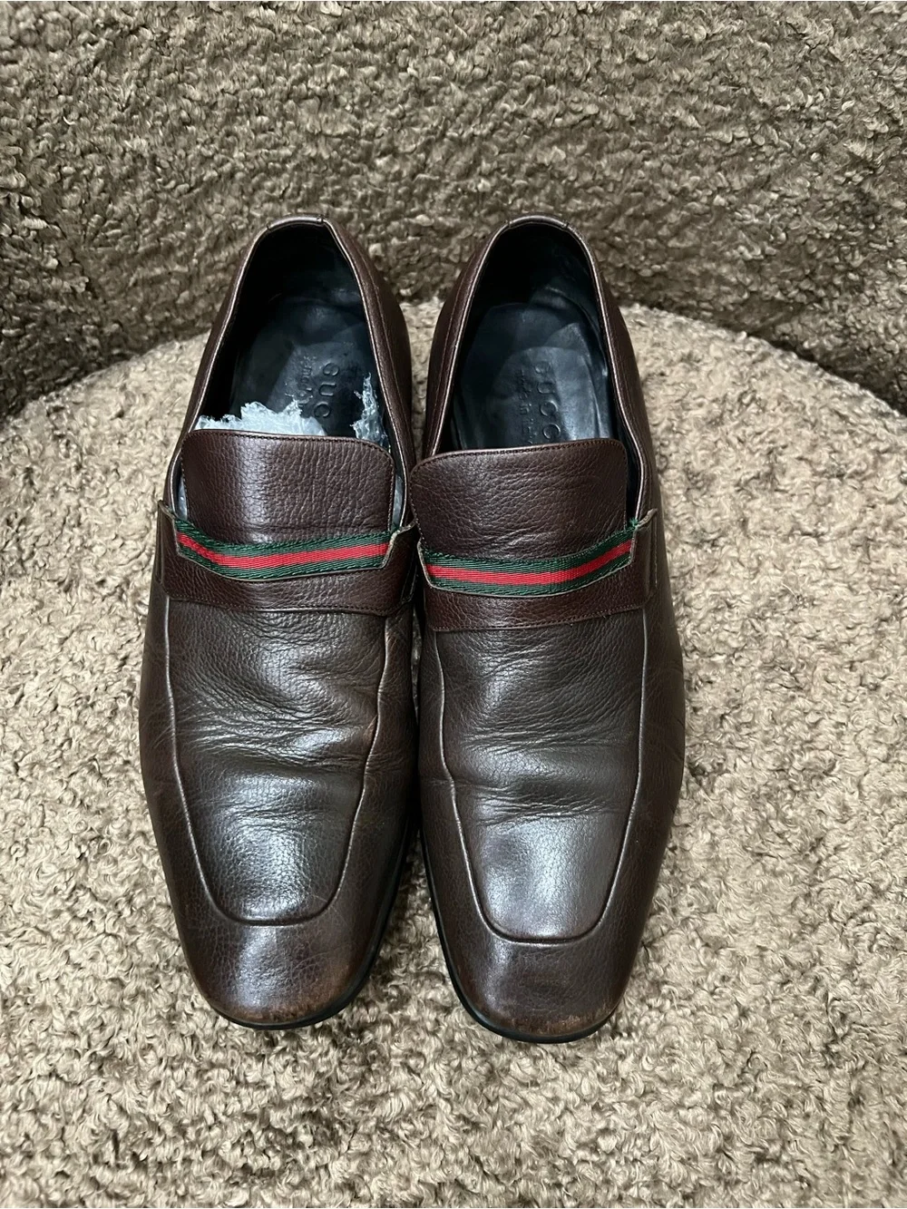 Men's Brown Leather Loafers with Red & Green Accent Gucci Sz 7.5 d